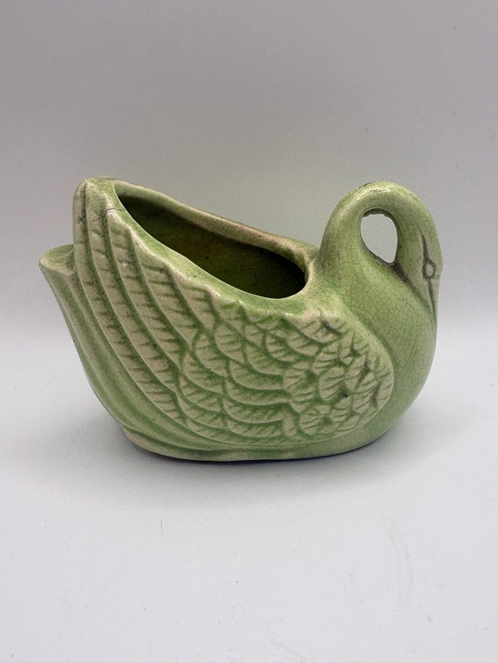 Vintage Green Ceramic Swan Planter Mid Century Crackle Glaze Bird Pottery 4.25”